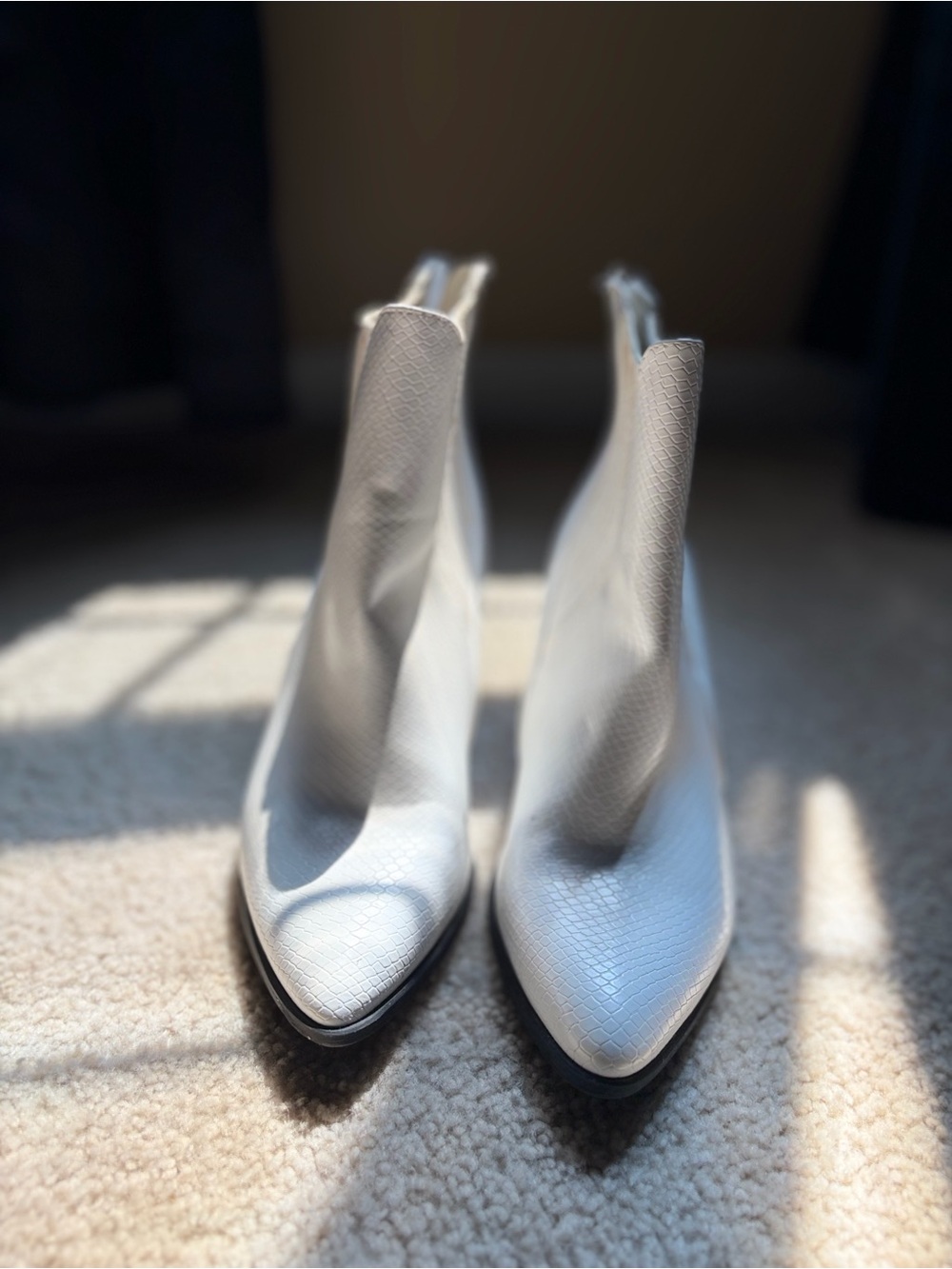 White Textured Pointed Toe Ankle Boots - Women's
